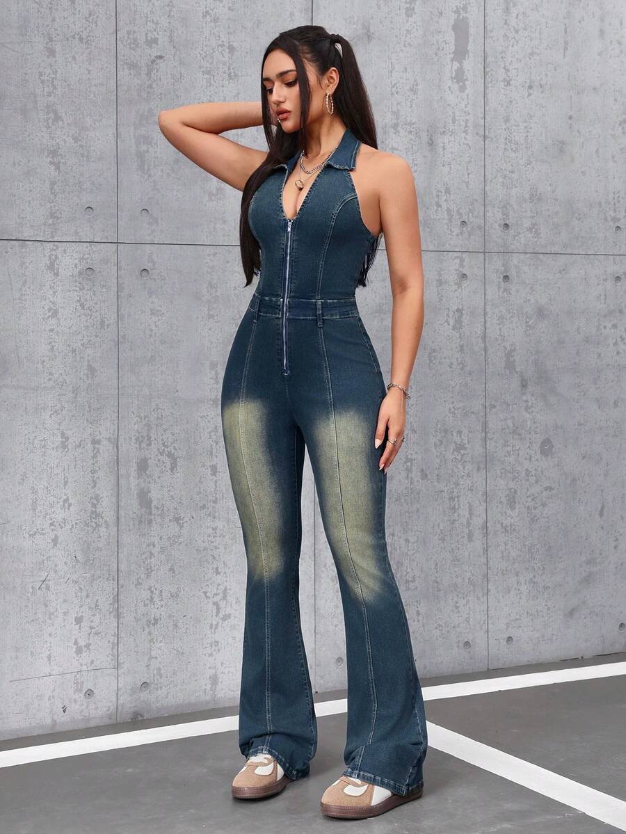 SHEIN Tall 女士拉链前开襟露背喇叭裤牛仔连体裤 - 藍色 - 查看 1