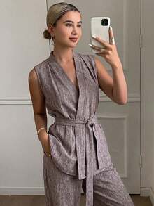 DAZY Conjunto de 2 piezas de camiseta sin mangas con cuello en V y cinturón, y pantalones de pierna ancha de unicolor para mujer, conjunto de ropa de estar en casa para mujer - Marrón - Ver 3