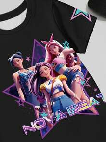 少女五角星标语图案T恤连衣裙，休闲舒适，适合春、夏、秋季穿着；韩流女巫狩猎主题黑色连衣裙，时尚姐妹装，舒适的夏秋装扮，别致的女孩设计 - 彩色 - 查看 6