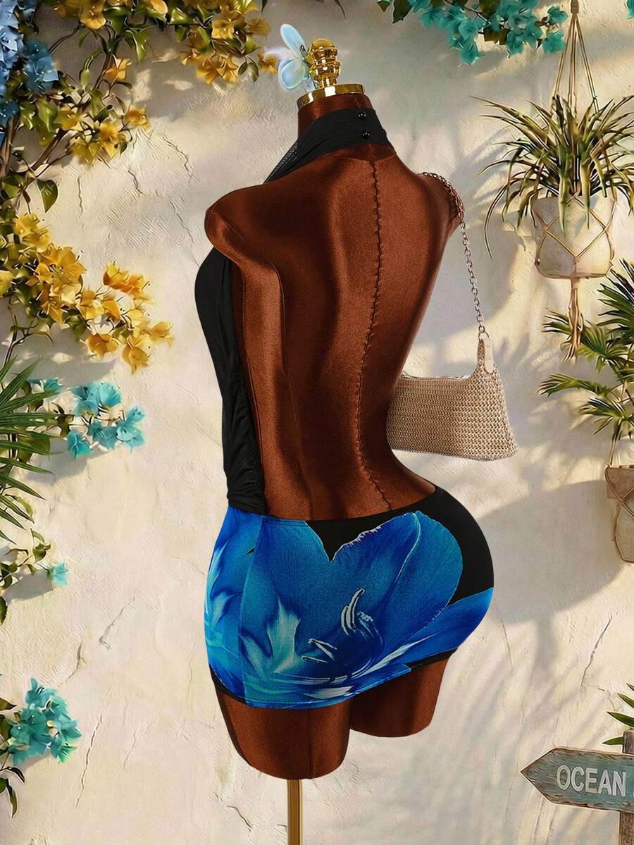 Amplova New Vacation Halter Neck Tropical Print Sexy Low-Cut Mini Dress For Women - Green - View 1