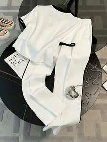 Resyla Fitted Short Round Neck Raglan Short Sleeve T-Shirt + Straight Leg Pants With Side Pockets - White - View 2