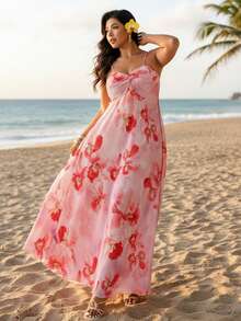 Auralis 大码女式舒适优雅度假沙滩休闲浪漫约会宽松长裙，吊带扭结前襟，飘逸A字裙摆，褶皱面料，粉色渐变随机花卉印花 - 彩色 - 查看 2