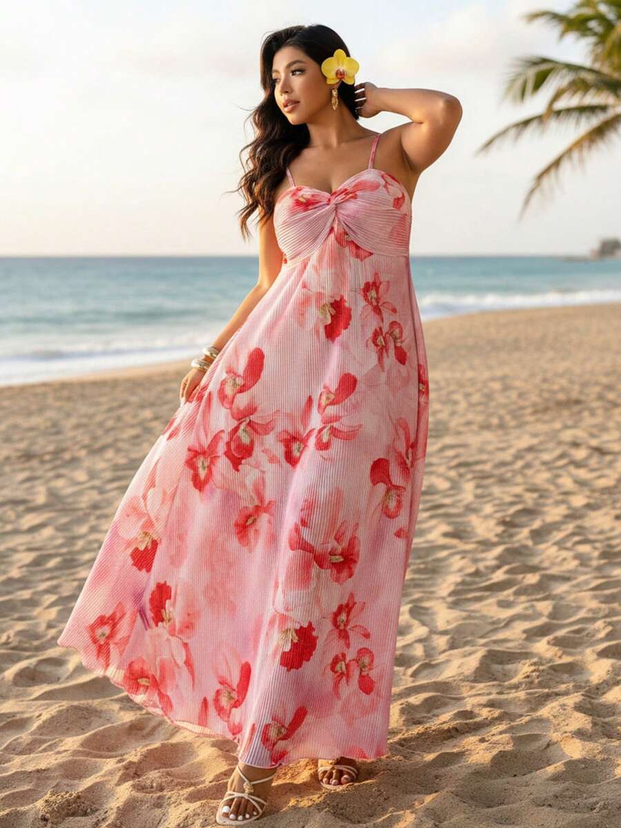 Auralis 大码女式舒适优雅度假沙滩休闲浪漫约会宽松长裙，吊带扭结前襟，飘逸A字裙摆，褶皱面料，粉色渐变随机花卉印花