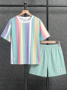 SHEIN Little Byeori Tween Boy Light Blue Striped Print T-Shirt & Casual Cargo Shorts Set,Summer Vacation Outfits,Y2k Streetwear Retro Birthday Clothes For Kids,2 Pcs - Multicolor - View 7