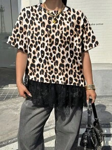 Muchica 休闲简约豹纹印花大码圆领短袖宽松T恤，适合夏季和音乐节穿着。 - 彩色 - 查看 5