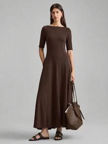 Ontre Women's Dark Brown Elegant Maxi Dress,Solid Color Elastic Fabric Waist Cinched A-Line Silhouette,Autumn Long Sleeve Brunch Casual Office Wear Dress - Brown - View 5