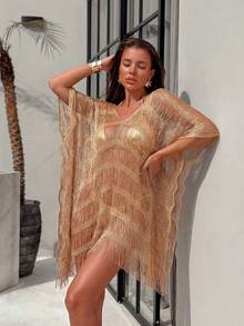 Zestiva Women's Elegant Boho Apricot High Slit Long Fringe Mesh Swimsuit Cover Up,Summer Beach Holiday Holiday,Seaside,Hot Spring,Suitable For Spring,Autumn - Gold - View 5