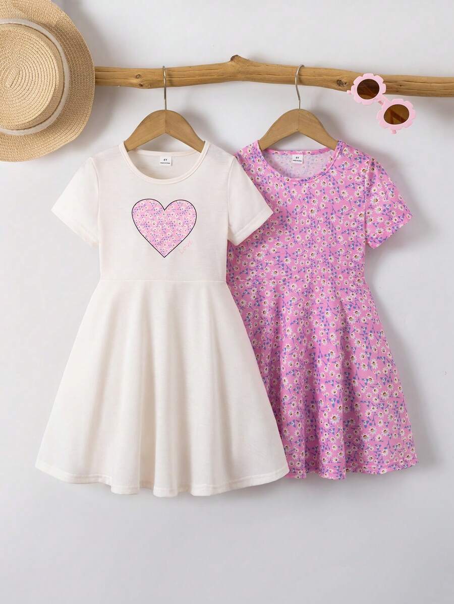 Elladie kids 2件套 女童休闲彩虹爱心印花短袖连衣裙,夏季 - 彩色 - 查看 1