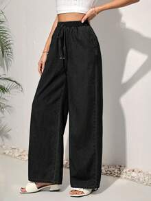 SHEIN PETITE CURVE 大码女式抽绳腰带休闲百搭日常宽松牛仔阔腿裤 - 黑色 - 查看 4