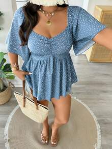 Vionelle Damen Große Größen Casual Urlaubs Polka Punkt Muster Herzausschnitt Flatterärmel Geraffter Büste Babydoll Top, Frühling/Sommer - Graublau - Übersicht 5