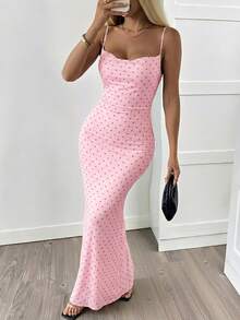 SHEIN EZwear 女款粉色波點無袖連身長洋裝，夏季修身貼身休閒可愛款，高品質新品，適合早午餐穿著 - 粉色 - 查看 4