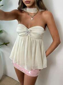 Aloruh Women's Elegant Sexy Halter Backless Camisole Top With Starfish Decor, White Color Golf Summer - Apricot - View 3