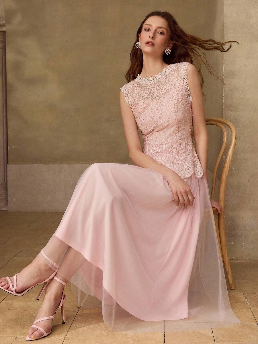 MOTF PREMIUM VESTIDO ELEGANTE PARA MUJER CON DISEÑO DE VERANO, PARCHES DE MALLA, SIN MANGAS, CONTRASTE DE ENCAJE GUIPUR Y PLISADOS - Rosa - Ver 1