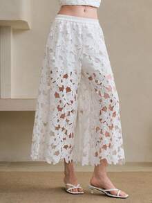 Arave Women's A-Line High Waist Hollow Embroidered Floral Flare Pants, Asymmetrical Design For Daily Commute - White - View 5