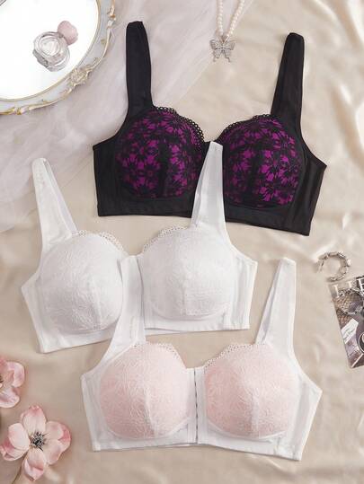 3pcs Plus Size Lace Patchwork Wireless Bras