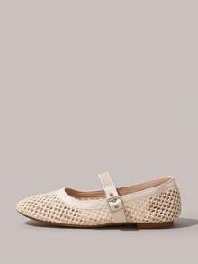 Styleloop Women Shoes Outdoor Round Toe Holiday Style Straw Fabric Buckle Women's Flat Shoes Holiday Style Wear BOHO Wear American Retro Style Bohemian Style Western Style Music Festival Wear Party Wear Flat Women's Shoes - Beige - View 3
