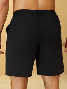 VENTUSAIL 男士舒适亚麻质感竹纤维针织面料抽绳弹力腰拉链短裤，休闲百搭，适合度假、派对、外出、办公等场合，经典日系风格，春夏必备，自穿或送礼皆宜。 - 黑色 - 查看 2