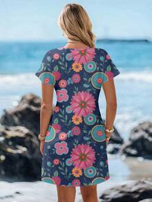 SHEIN LUNE Đầm ngắn cổ chữ V tối giản, in họa tiết, thích hợp cho nữ, phù hợp cho mùa xuân/hè. - Nhiều màu - Xem 2