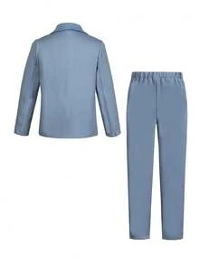 SHEIN 3pcs Tween Boy Solid Color Minimalist Design Suit Set: Jacket + Pants + Vest, No Accessories, Suitable For Birthday Party, Wedding, Prom, Graduation - Blue - View 3