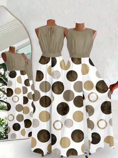 SHEIN Clasi Mono minimalista casual, elegante y retro con estampado circular, adecuado para festivales de música, atuendos de playa, atuendos de vacaciones, atuendos de verano para mujer