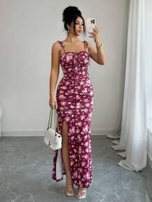 Elenzga Đầm ôm sát gợi cảm, thanh lịch, xẻ cao, dây đeo vai thắt nút dành cho nữ, thích hợp cho kỳ nghỉ hè, đi biển. - Màu đỏ tím - Xem 1