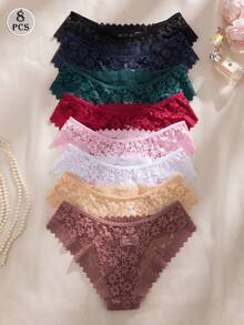 SHEIN 8 chiếc/Bộ quần lót ren gợi cảm lãng mạn cho nữ, đồ lót mỏng - Nhiều màu - Xem 2