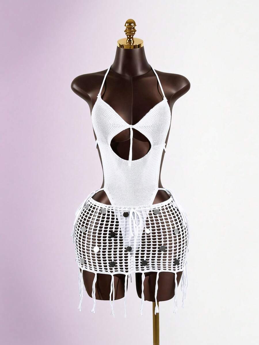 Lyxana Conjunto de dos piezas con top de tirantes sin espalda y falda con decoración de lentejuelas, atuendo casual de vacaciones - Blanco - Ver 1