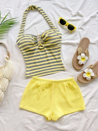 Soleia Women's Vacation Casual Striped Halter Top And Shorts 2 Pieces Set