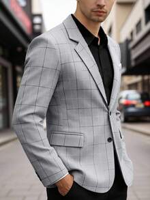 Manfinity Mode Men's Business Commute Plaid Suit Jacket - Grey - View 5