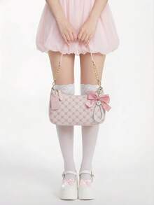 ROMWE Kawaii Túi xách thời trang hoàn toàn mới, chất liệu PU cao cấp, thiết kế mặt dây chuyền hình nơ màu hồng, khóa kéo kim loại, dây đeo kim loại điều chỉnh được ở phía trên, thanh lịch và sành điệu, phù hợp để đeo vai, xách tay hoặc đeo chéo, hoàn hảo cho việc đi làm, đi chơi, mua sắm, hẹn hò và các hoạt động hàng ngày dành cho các bạn nữ. - Hồng - Xem 3