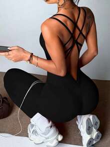 Slayform 女式纯色后背交叉镂空V领紧身运动连体裤 全身紧身运动连体裤 健身房女装 - 黑色 - 查看 2
