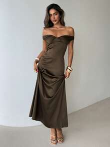 Aloruh Women's Elegant Sexy Elegant Off-Shoulder Maxi A-Line Dress,Dark Brown Open Back Bowknot Strapless Dress,Seductive Summer Day Party Date Night Wedding - Coffee Brown - View 2