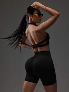 SHEIN Sports 女士高腰无缝运动短裤，适合日常健身 - 黑色 - 查看 2