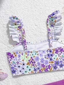 SHEIN Vintaside Kids 少女碎花比基尼套装，三件套泳衣，配有可调节肩带上衣、三角泳裤和雪纺裙，适合夏季度假、海滩、游泳池、假日派对等场合。 - 紫色 - 查看 5