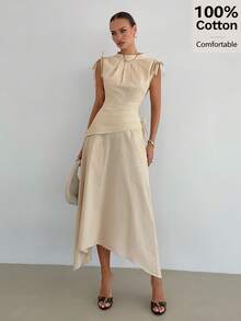 Siren Gaze Women's Elegant 100 Cotton Stand-Up Collar Midi Dress Sleeveless Ruching Asymmetrical Hem Autumn Holiday Gown Beige Tea Party Brunch Casual - Apricot - View 2