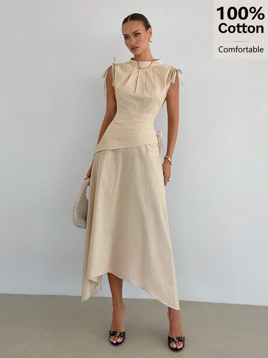 Siren Gaze Women's Elegant 100 Cotton Stand-Up Collar Midi Dress Sleeveless Ruching Asymmetrical Hem Autumn Holiday Gown Beige Tea Party Brunch Casual