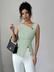SHEIN Elenzya Atasan Kasual Wanita Polos dengan Dekorasi Logam dan Desain Belahan, Pas Badan. - Mint Green - View 6