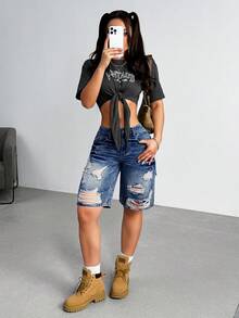 Jeanoix Plus Size Summer Casual Distressed Denim Shorts - Medium Wash - View 5