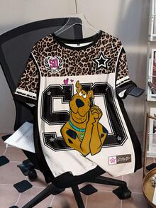 SCOOBY-DOO X SHEIN Plus Size Women Summer Casual Street Daily Commute Funny Leopard Print Loose Fit T-Shirt - White - View 2