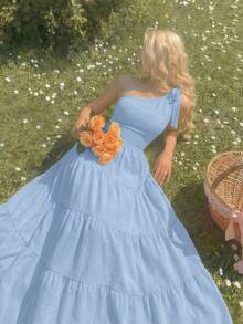 SHEIN MOD Đầm nữ màu trơn, viền bèo nhún, kiểu dáng thanh lịch, lệch vai. - Màu xanh lam - Xem 2