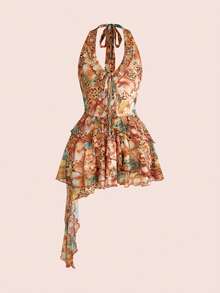 ROMWE Avant Spring/Summer Vintage Vacation Sexy Cutout Deep V-Neck Ruffle Hibiscus & Leopard Print Mini Dress For Women - Orange - View 8
