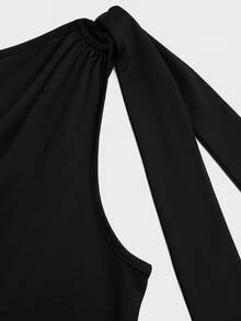 Sweetra Elegant Asymmetrical Shoulder Bodycon Dress, Waist Cinching, Flowy Ribbon Design, Unique - Black - View 7