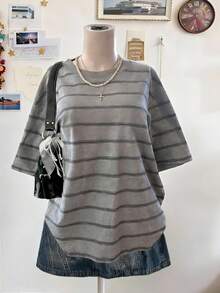 Lalippa Camiseta holgada de mujer talla grande con cuello redondo y hombros caídos a rayas - Multicolor - Ver 1