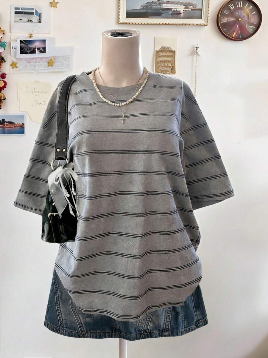 Lalippa Camiseta holgada de mujer talla grande con cuello redondo y hombros caídos a rayas - Multicolor - Ver 1
