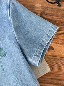 Conjunto informal de mezclilla para niños pequeños, nueva llegada de primavera/verano, diseño minimalista con estampado de árbol de coco, conjunto de 2 piezas de mezclilla lavada en azul claro, adecuado para uso diario, escuela, salidas, vacaciones, fiestas y otras ocasiones - Azul lavado medio - Ver 5