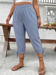 EMERY ROSE Plus Size High Waist Drawstring 7/8 Pants, Spring/Summer - Blue and White - View 3