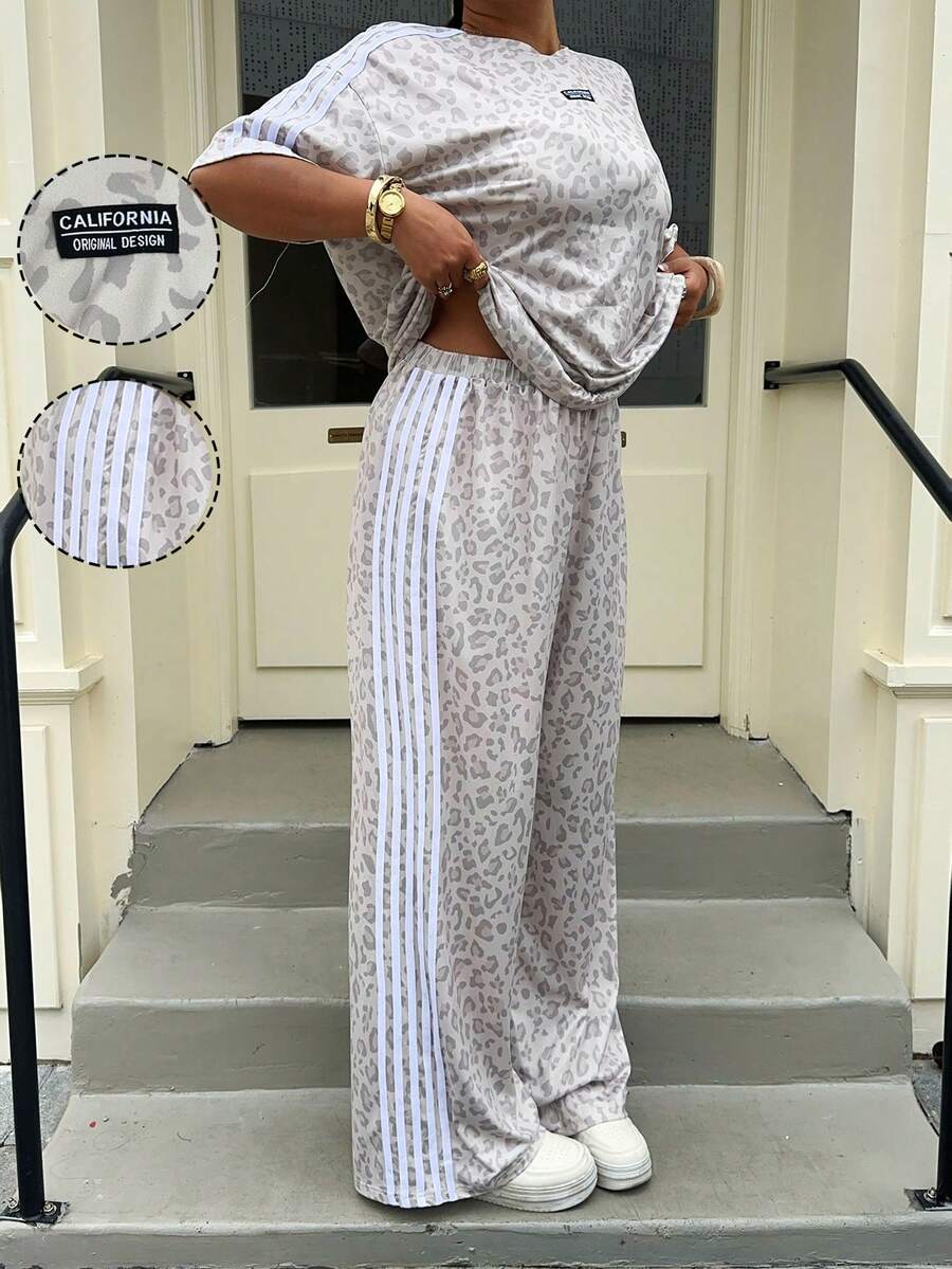 Muchica 加大码夏季休闲豹纹拼接条纹短袖T恤和短裤两件套 - 淺灰色 - 查看 1