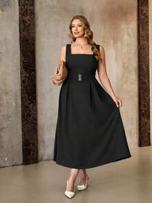 Roveilla 大码女式纯色竹纤维针织方领宽肩带腰带金属扣装饰宽松A字无袖长裙，军绿色，优雅法式复古正式通勤休闲度假下午茶街头简约百搭，春夏新款 - 黑色 - 查看 3