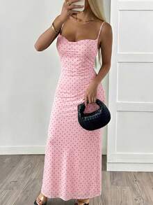 SHEIN EZwear 女款粉色波點無袖連身長洋裝，夏季修身貼身休閒可愛款，高品質新品，適合早午餐穿著 - 粉色 - 查看 6