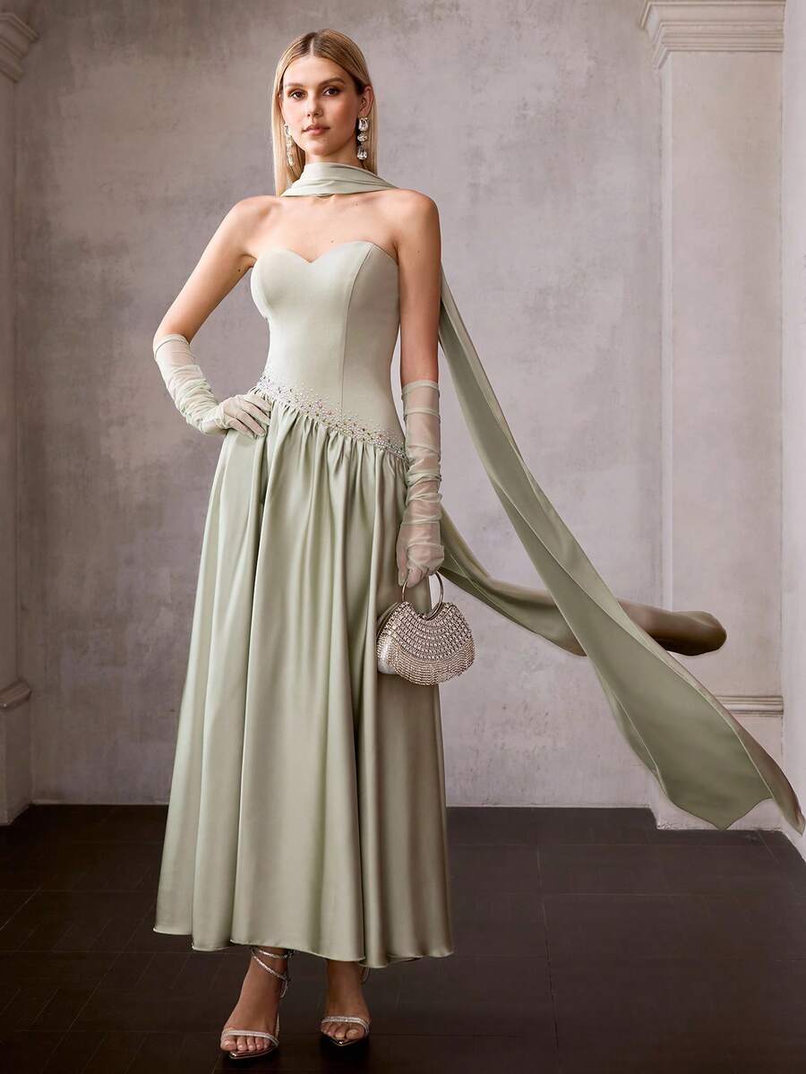 MOTF Soiréza ELEGANT STRAPLESS PARTY GOWN FOR WOMEN WITH DETACHABLE TIE & SLEEVES, WAIST RHINESTONE EMBELLISHMENTS FLARED DRESS FOR NEW YEAR, VALENTINE'S DAY, FORMAL PARTIES, GALAS, WEDDINGS & CELEBRATIONS - Green - View 2